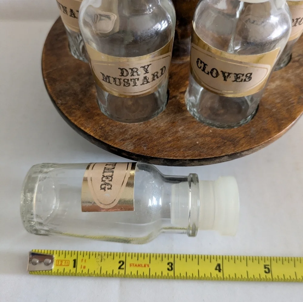 Vintage Glass Spice Jars Bottles Set of 12.Apothecary Jars With Wood Lazy Susan